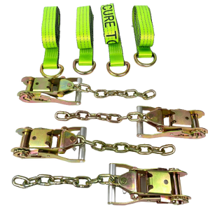 2" x 10' Hi-VIZ Green TECNIC Webbing Lasso Straps with Wire D-Rings and Chain Tail Ratchets | Pack of 4