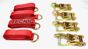 2" x 100" Red TECNIC Webbing Lasso Straps w/ Snap Hook Ratchets | Pack of 4