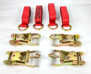 2" x 100" Red TECNIC Webbing Lasso Straps w/ Finger Hook Wide Handle Ratchets | Pack of 4