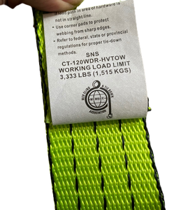 2" x 10' Hi-VIZ Green TECNIC Webbing Lasso Straps with Wire D-Rings and Chain Tail Ratchets | Pack of 4