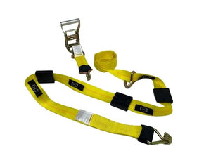 2" x 11' Yellow Ratchet 3 Point Wheel Strap with 3 Rubber Tread Grabs (Wire Hook)