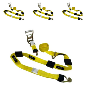 2" x 11' Yellow Ratchet 3 Point Wheel Strap with 3 Rubber Tread Grabs (Wire Hook | Pack of 4