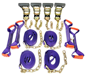 8 Point Heavy Duty 18' Diamond Weave Strap Kit for Rollback/Flatbed Tie Downs with 12" Chain Tails